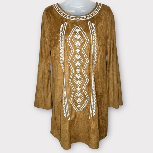 JEALOUS TOMATO camel tan boho faux suede embroidered mini dress size medium - Picture 2 of 6